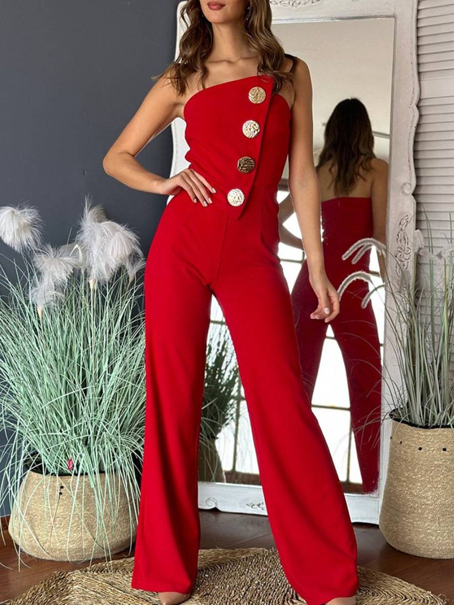 combinaisons flare évasé unicolore bustier boutonnage sans manches femme élégant décontracté | KONF