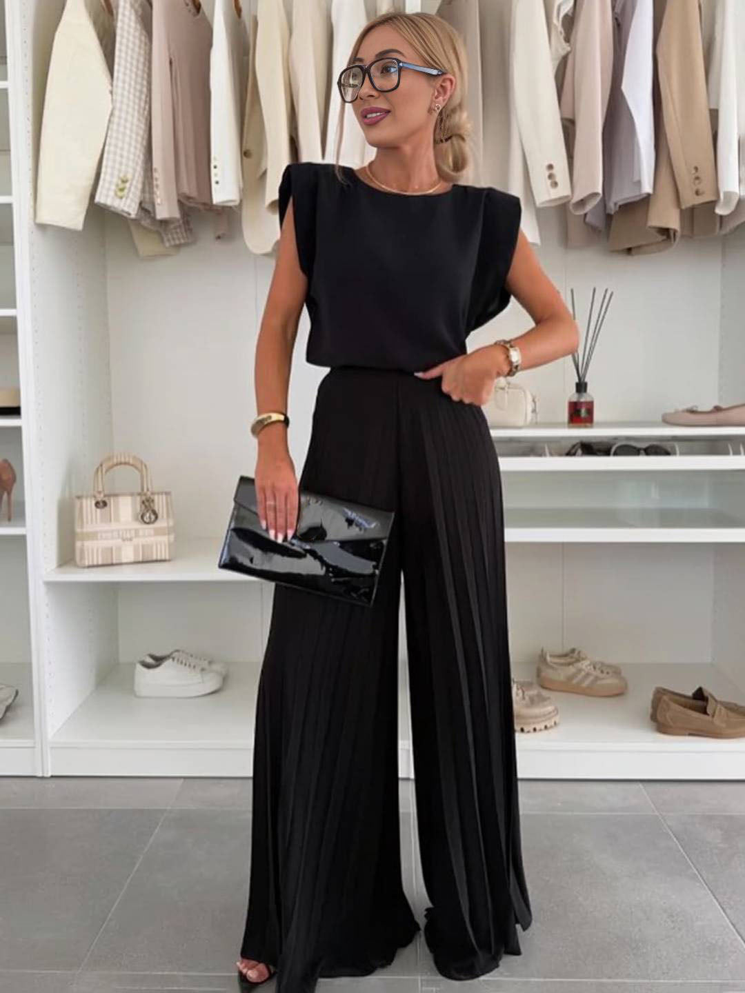 tenu ensembles avec larges jambes évasé plissé pantalon col rond sans manches hauts femme boho décontracté deux pièces | KONF