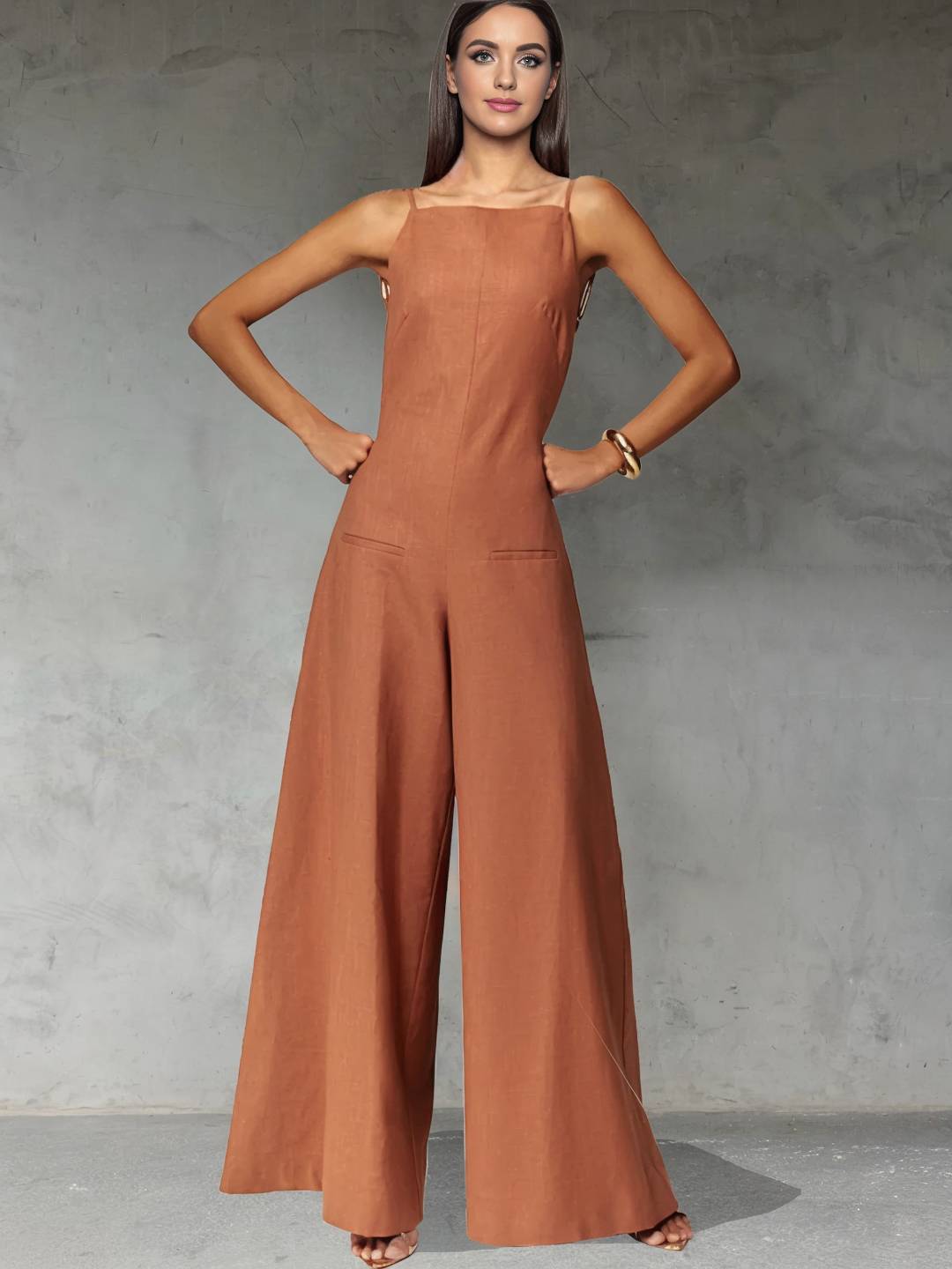 combinaisons larges jambes évasé lin dos nu à fines brides sans manches élégant décontracté style vacances pour femmes | KONF