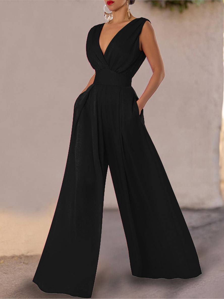 combinaisons larges jambes évasé droit décolleté plongeant poches sans manches femme décontracté | KONF