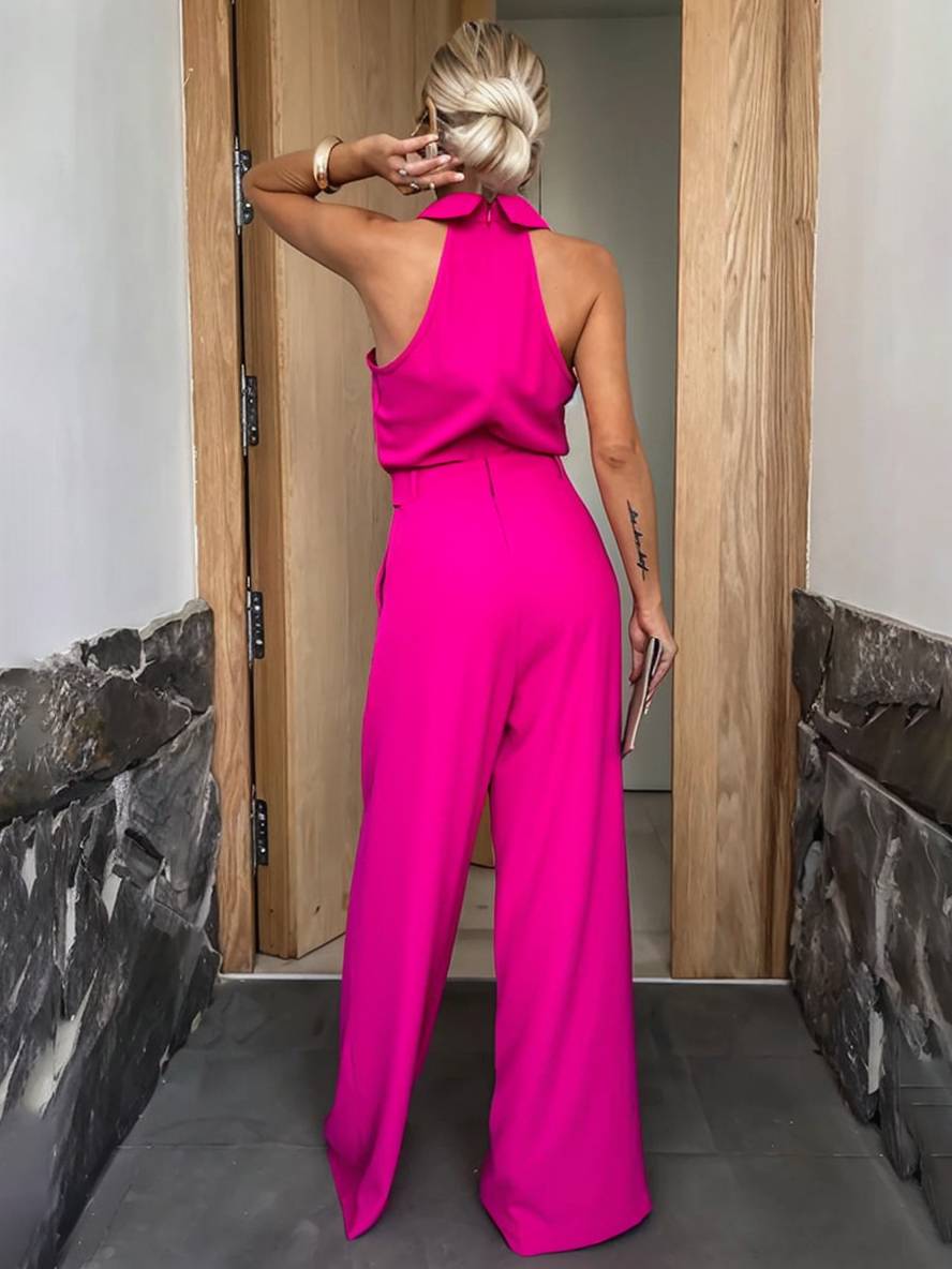 combinaisons larges jambes évasé col chemise découpes poches sans manches femme décontracté casual | KONF