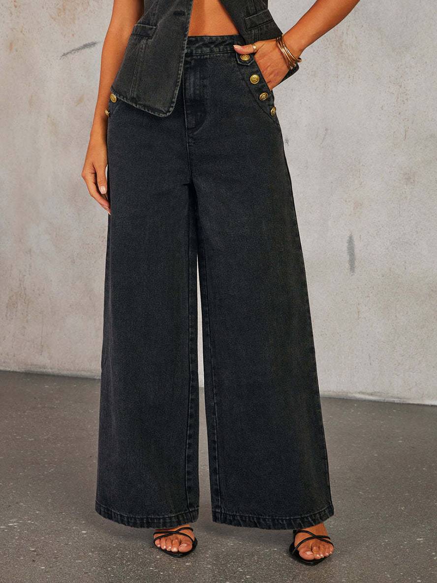 ensembles avec jean pantalon larges jambes évasé gilet col rond sans manches femme vintage décontracté casual deux pièces | KONF
