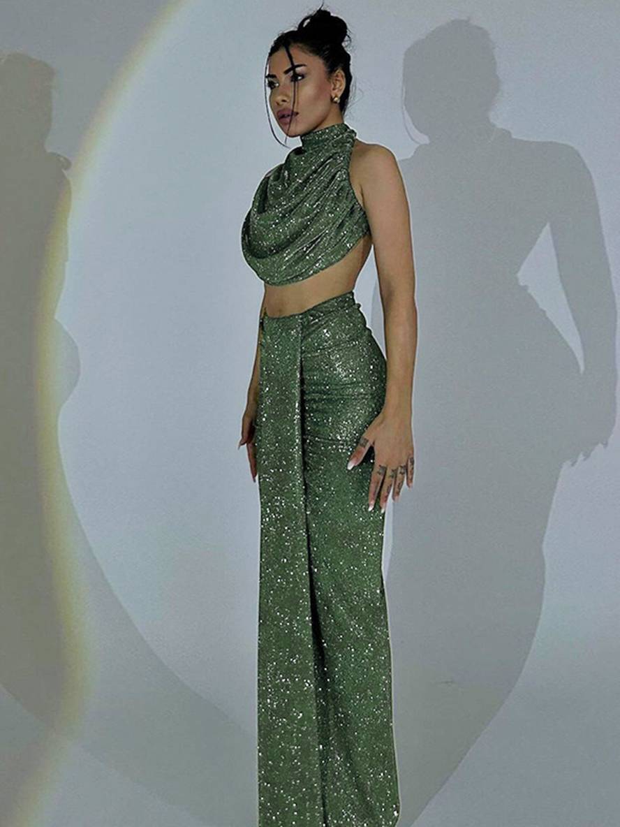 ensemble robe licou à fines brides dos nu sans manches hauts longue jupe femme décontracté deux pièces | KONF