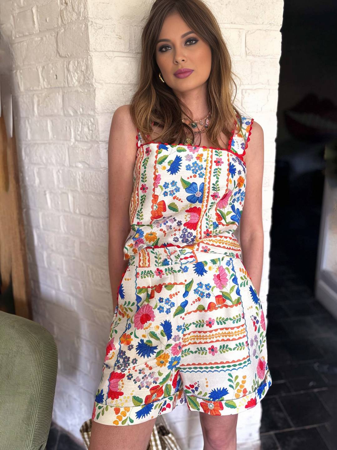 ensemble deux pièces vintage imprimé pour vacances femme haut bretelle sans manches et avec poches short style vacances | KONF