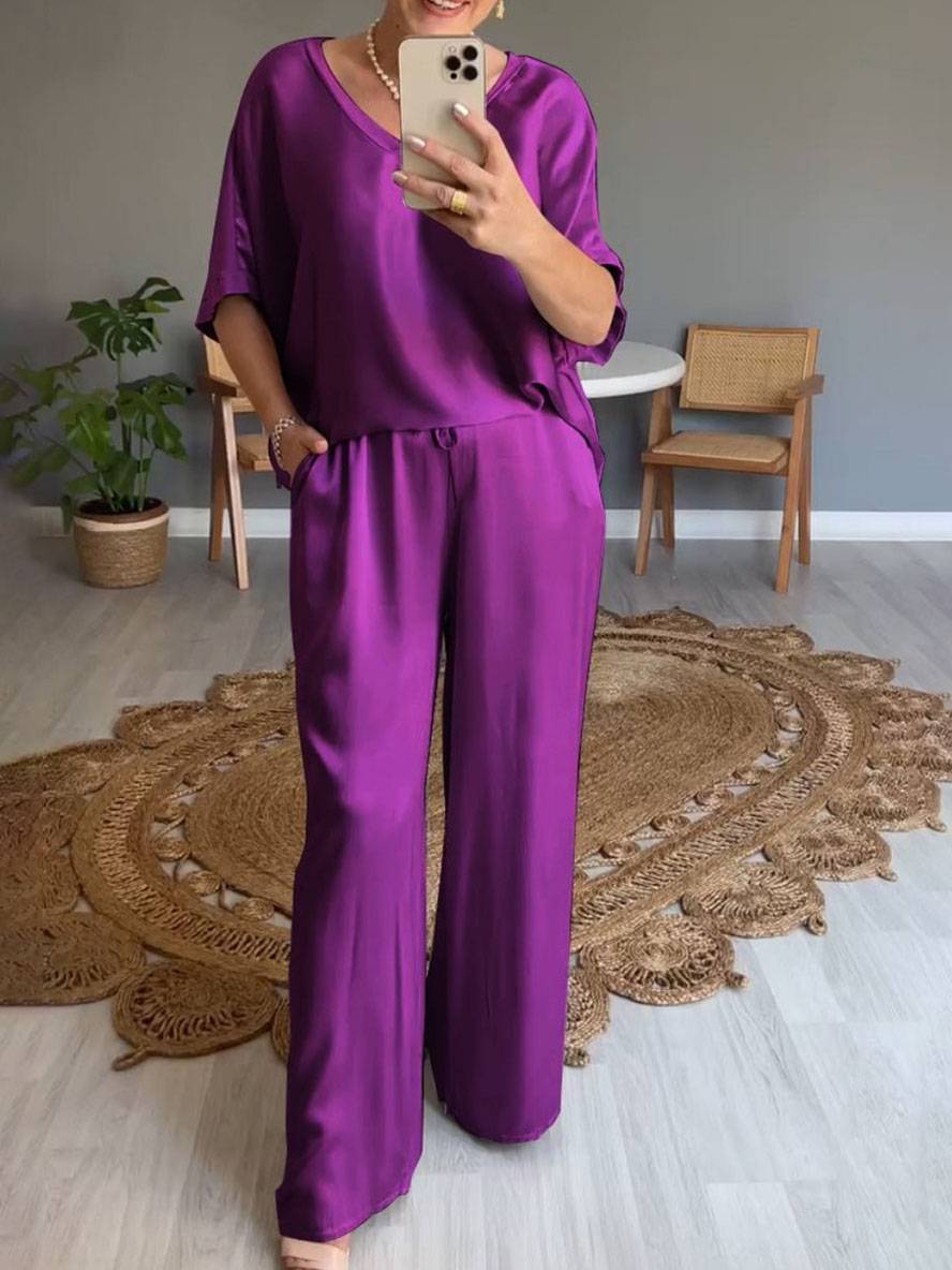 ensembles avec pantalon v-cou poches manches chauve souris manches courtes femme élégant décontracté ample deux pièces | KONF
