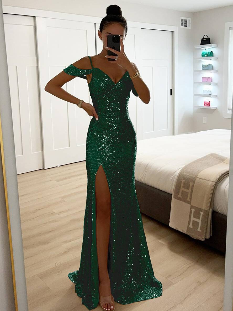 longue robe v-cou brillante paillette fendu le côté épaules fendues sans manches femme élégant de soirée cérémonie | KONF