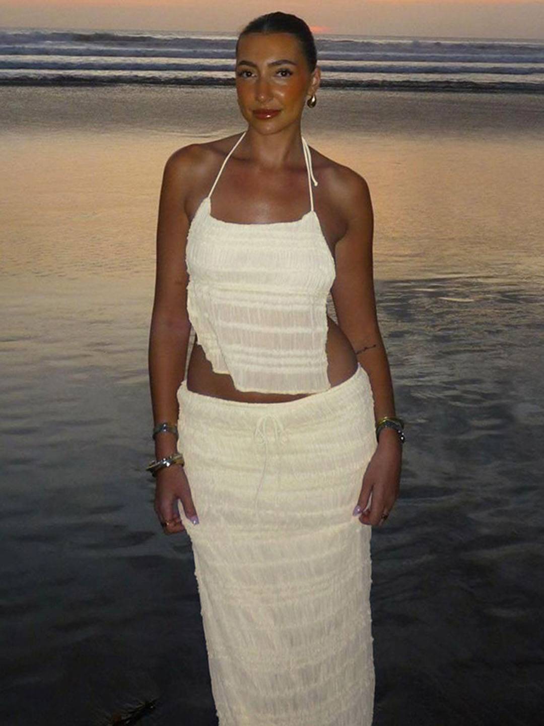 tenue ensemble avec longue jupe mousseline dos nu licou sans manches débardeur robe femme bohème décontracté deux pièces | KONF