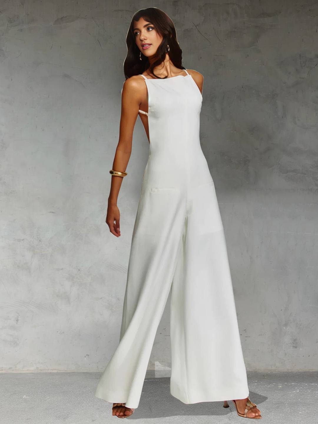 combinaisons larges jambes évasé lin dos nu à fines brides sans manches élégant décontracté style vacances pour femmes | KONF