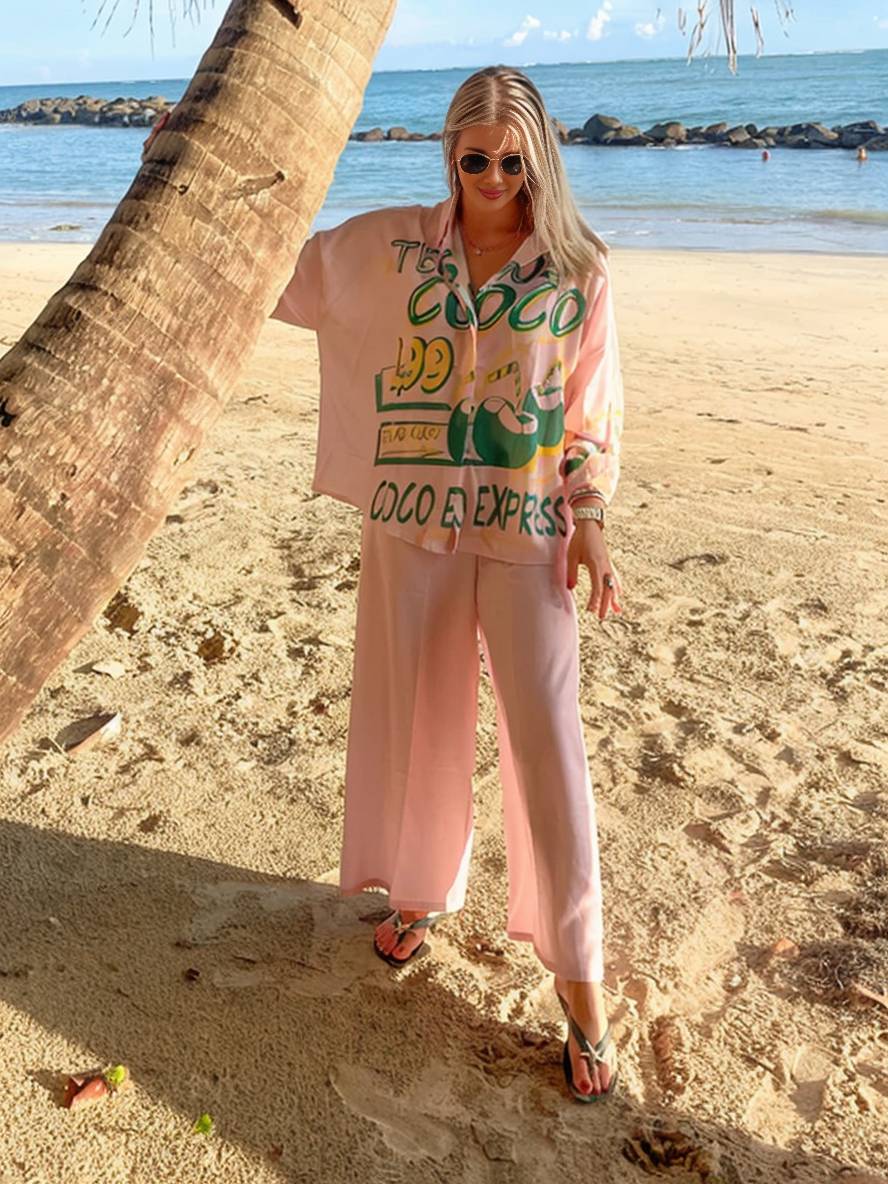 tenue ensembles avec pantalon lettres motif col chemise manches longues femme style boyfriend décontracté deux pièces | KONF