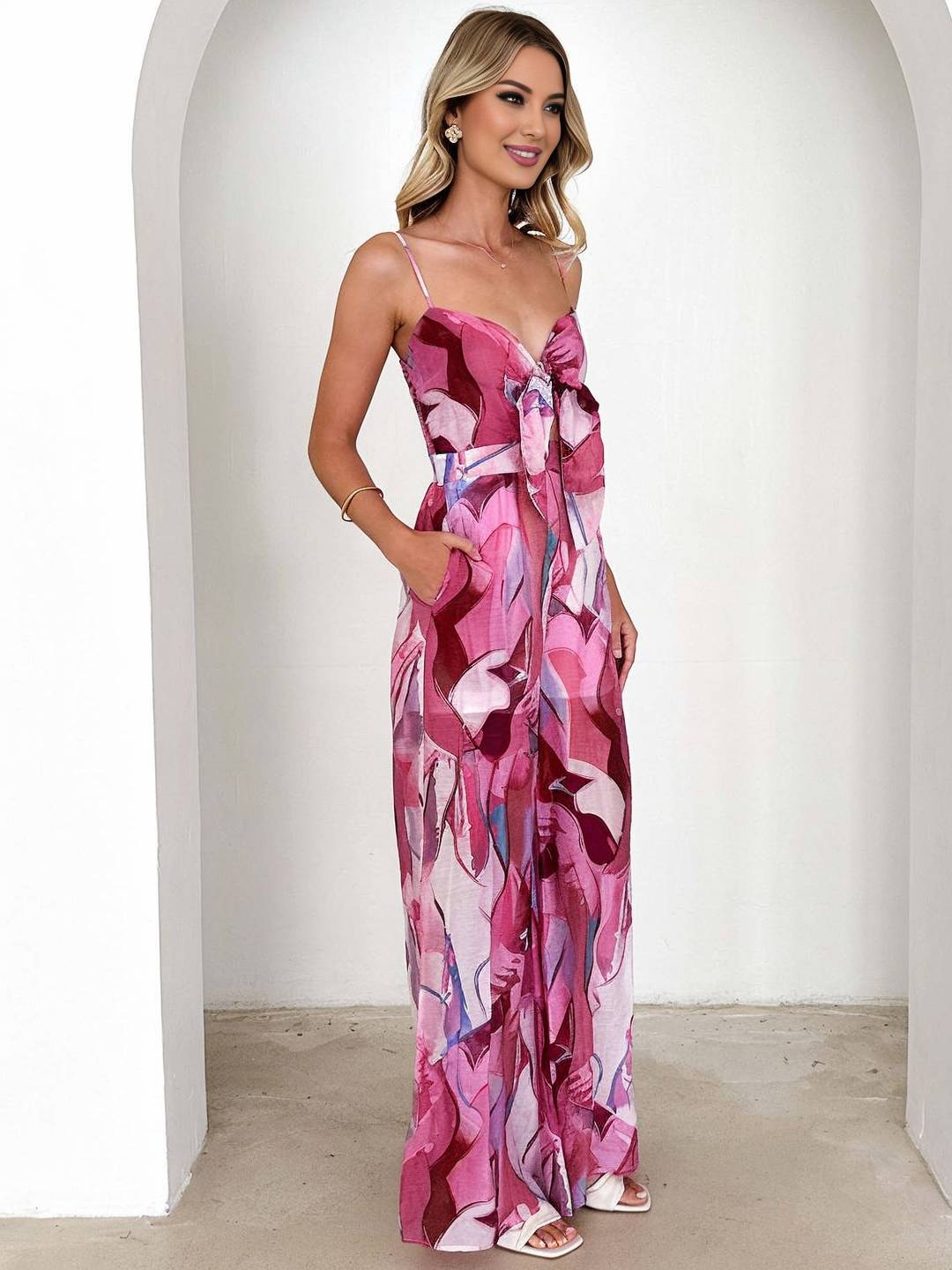 combinaisons larges jambes évasé imprimé à fleurie noeud papillon à fines brides sans manches femme casual décontracté | KONF