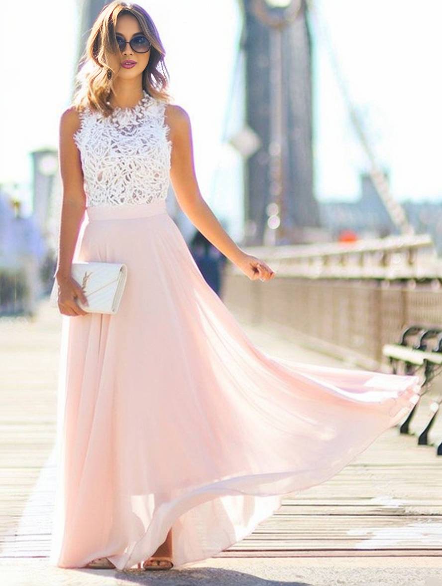 longue robe demoiselle d'honneur dentelle mousseline fluide col rond sans manches élégant rose et blanc | KONF