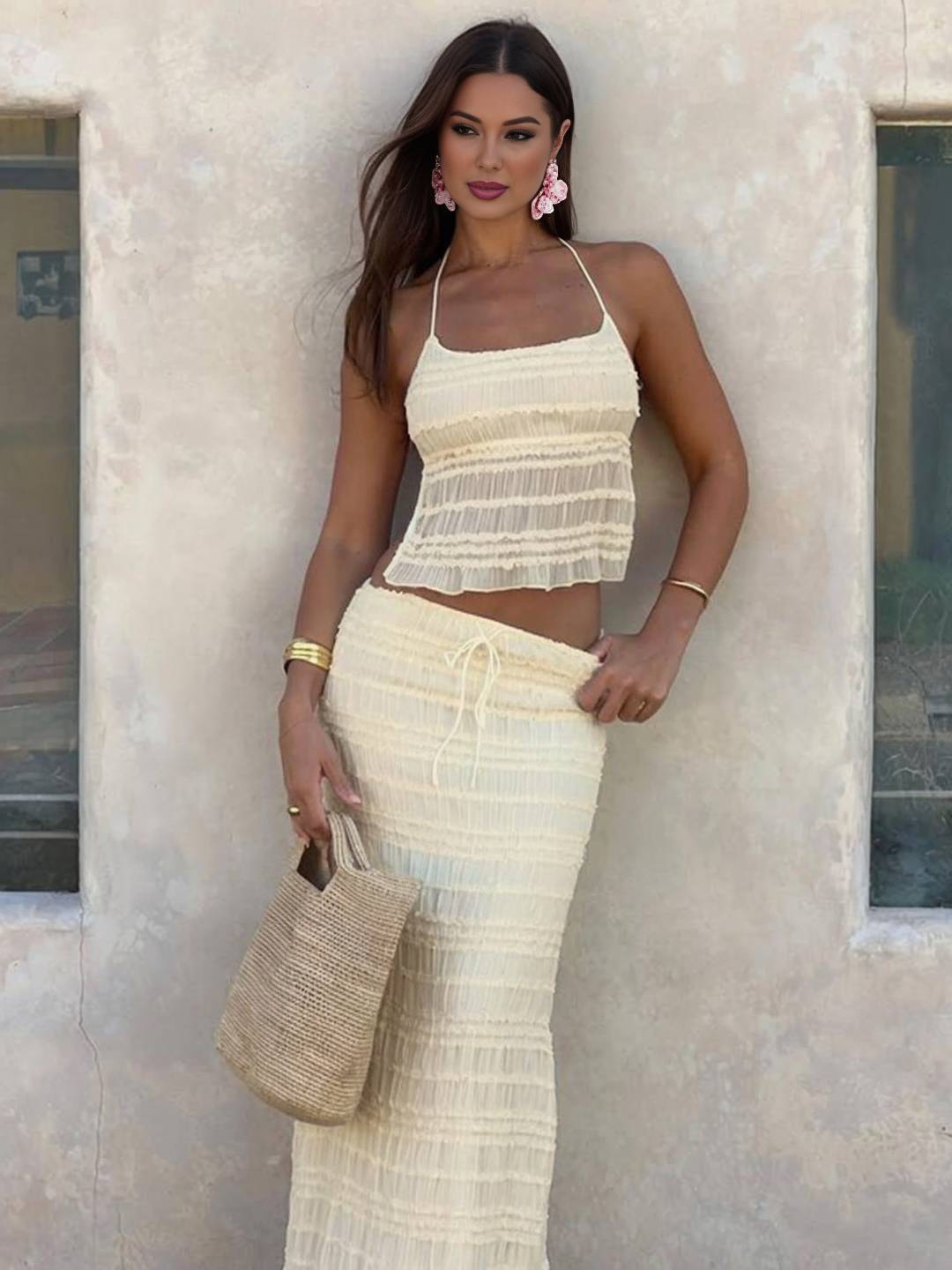 tenue ensemble avec longue jupe mousseline dos nu licou sans manches débardeur robe femme bohème décontracté deux pièces | KONF