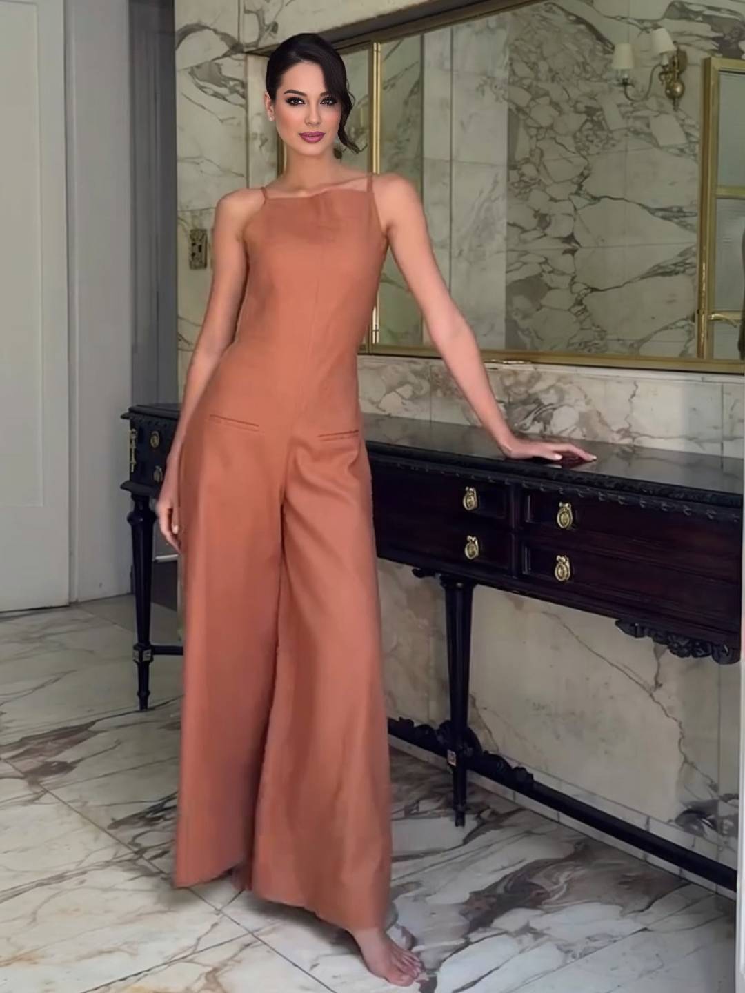 combinaisons larges jambes évasé lin dos nu à fines brides sans manches élégant décontracté style vacances pour femmes | KONF