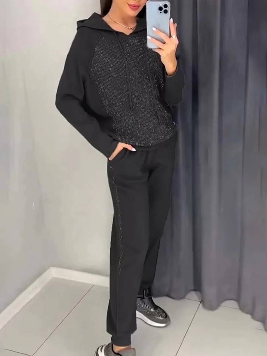 ensembles tailleur avec pantalon sweatshirt à capuche poches manches longues femme sport simple décontracté deux pièces | KONF