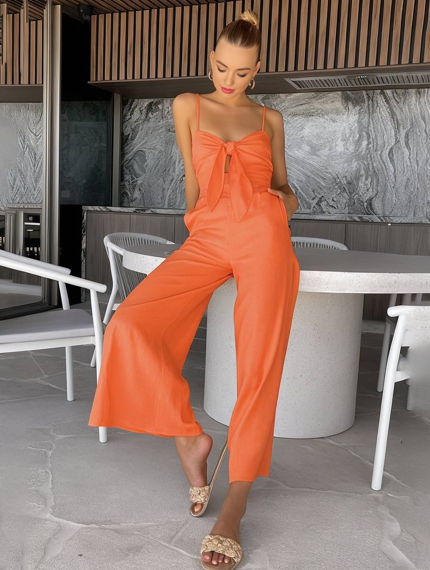 combinaisons larges jambes évasé noeud papillon à fines brides sans manches femme casual décontracté | KONF