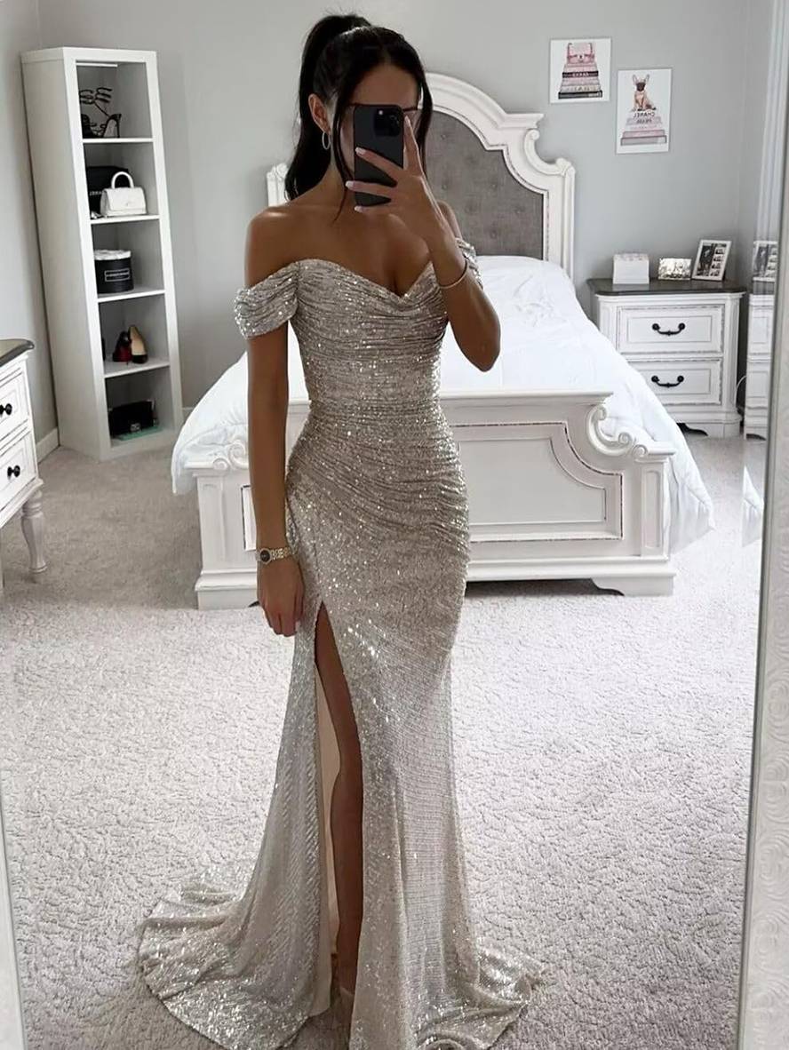 robe longue bustier brillante paillette fendu le côté sirene col bateau sans manches femme élégant de soirée cérémonie | KONF