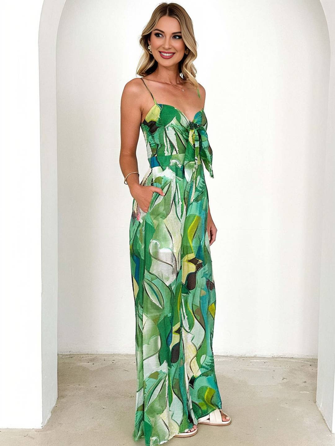 combinaisons larges jambes évasé imprimé à fleurie noeud papillon à fines brides sans manches femme casual décontracté | KONF