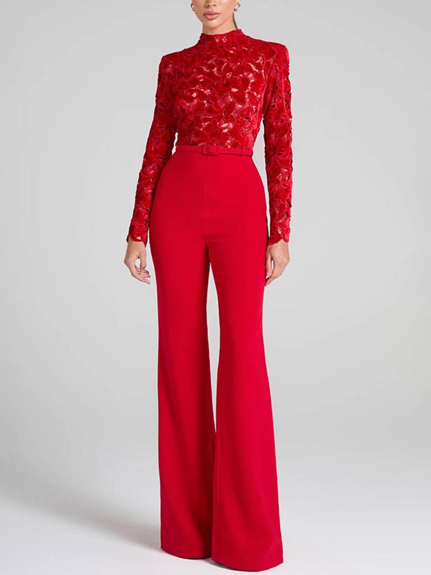 combinaisons flare évasé broderie anglaise col rond manches longues ceinture femme élégant décontracté slim fitness | KONF