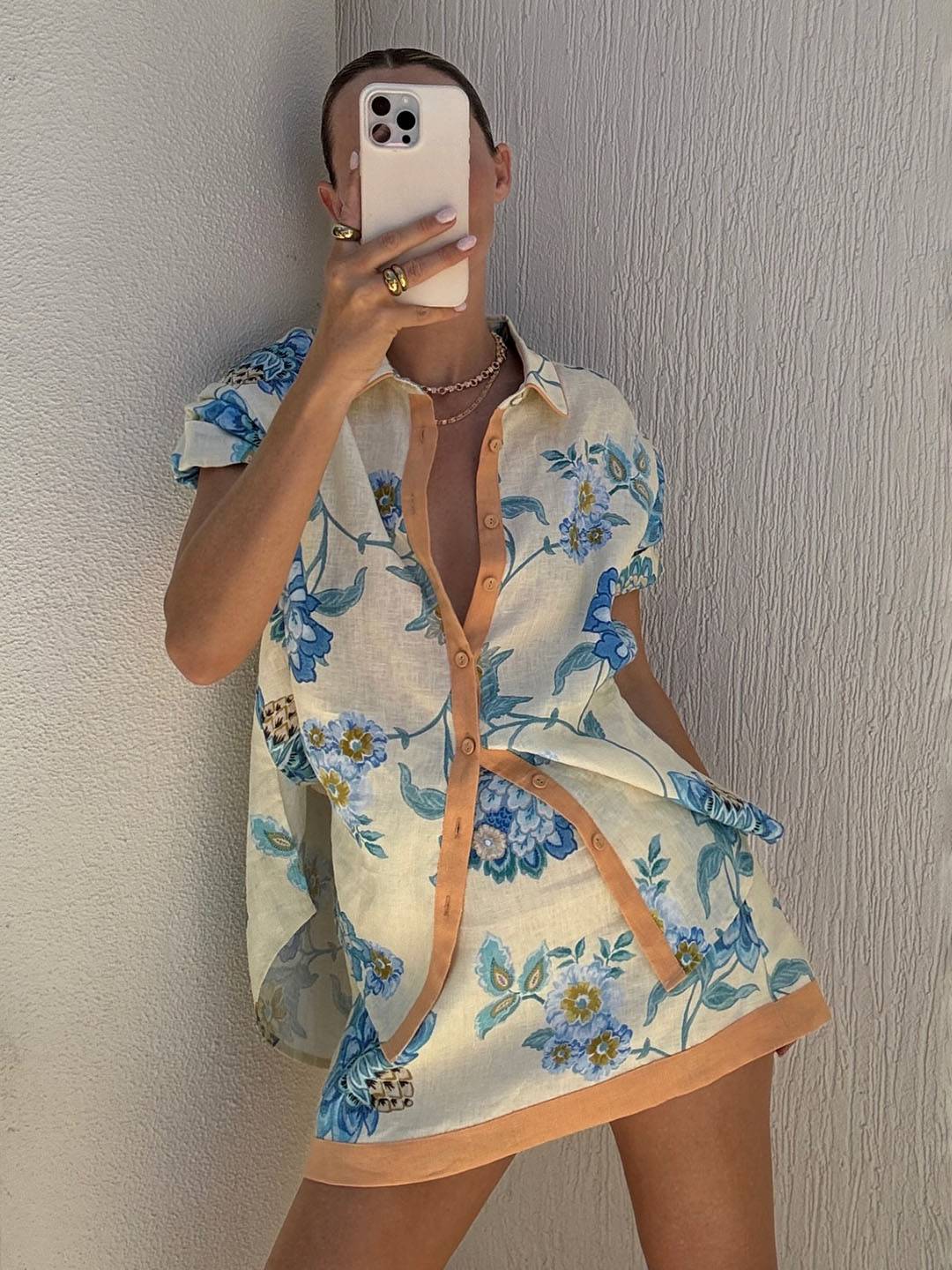 ensemble tenue avec jpue imprimé à fleurie boutonnage col chemise manches courtes chemise femme décontracté bleu jaune | KONF