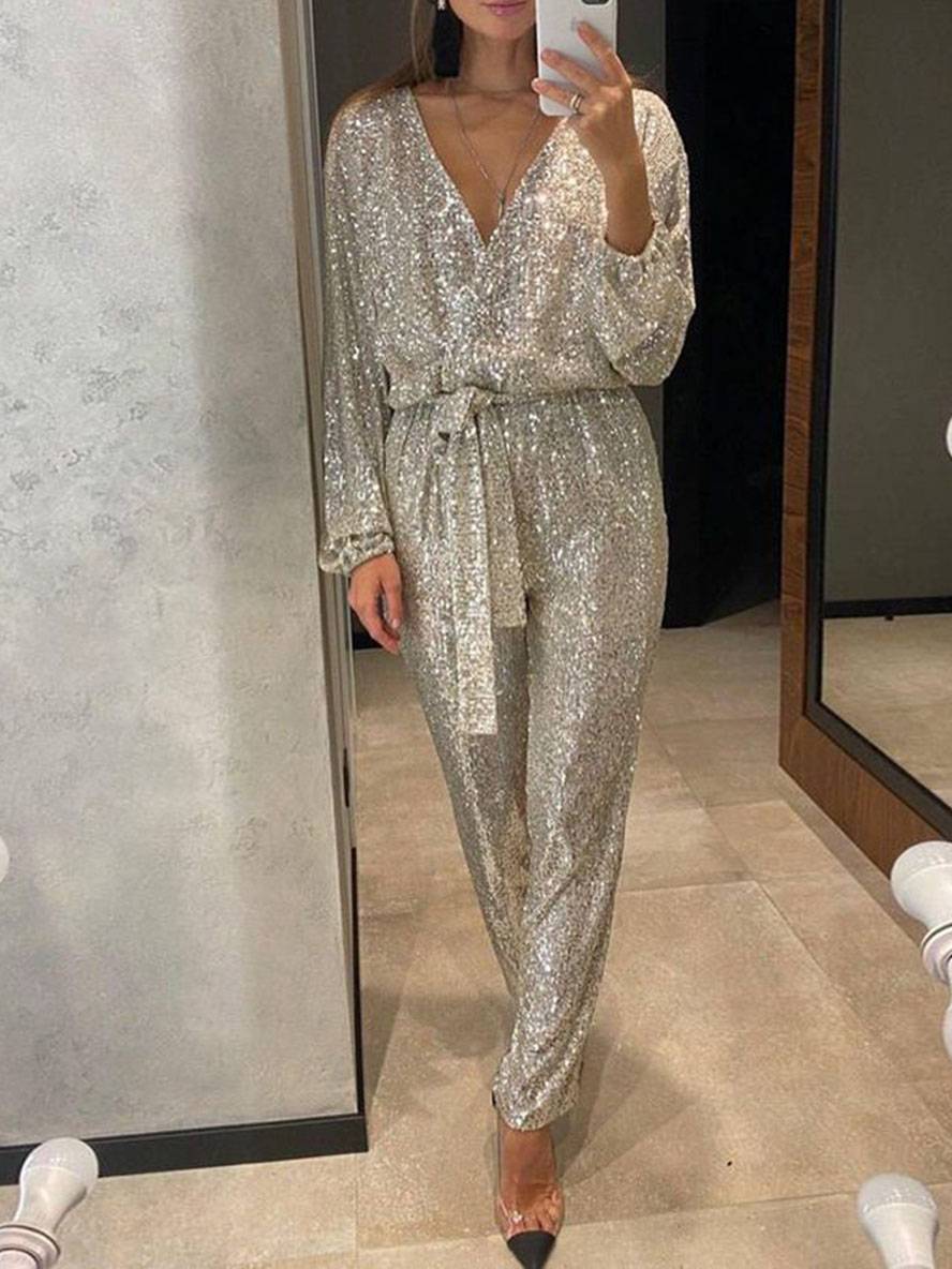 combinaisons v-cou brillante paillette ceinture décolleté plongeant manches longues femme élégant mode casual noël | KONF