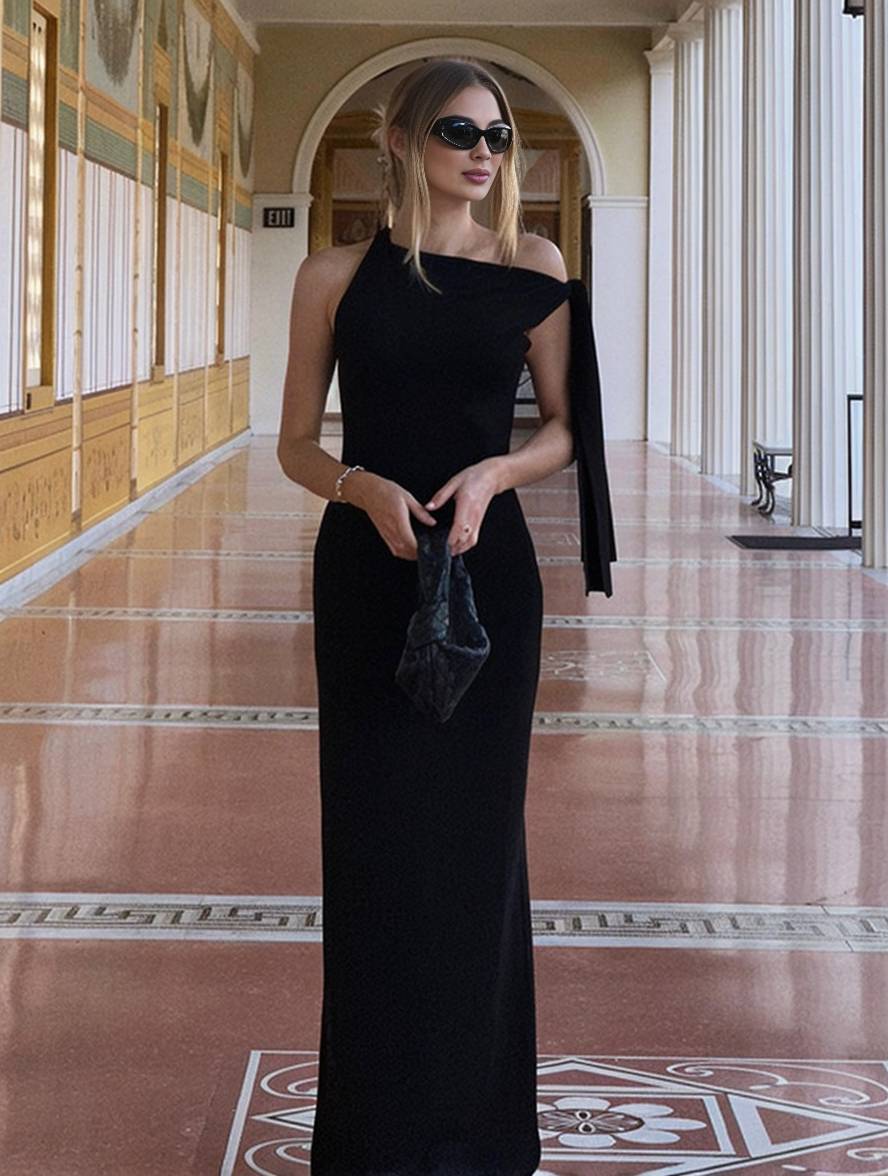 robe longue moulante unicolore une épaule sans manches femme élégant de soirée | KONF