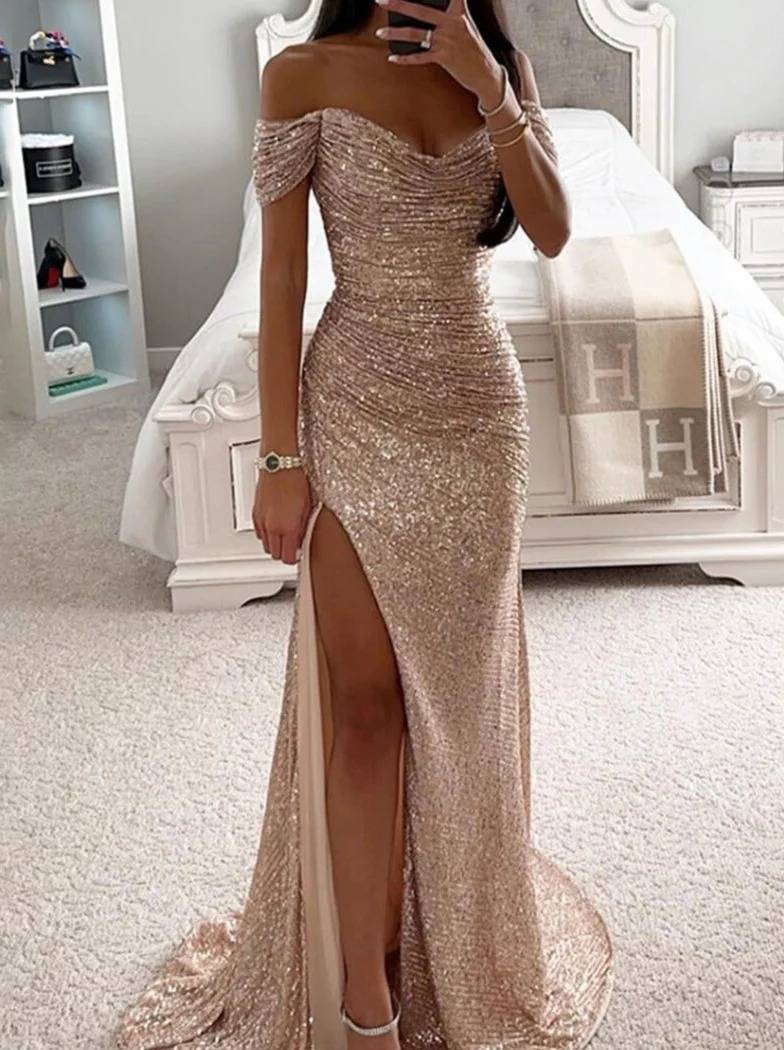 robe longue bustier brillante paillette fendu le côté sirene col bateau sans manches femme élégant de soirée cérémonie | KONF