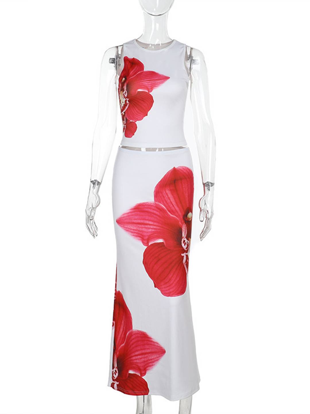 ensemble robe d'été fleurie cropped col rond sans manches top et longue jupe femme décontracté vintage de plage | KONF