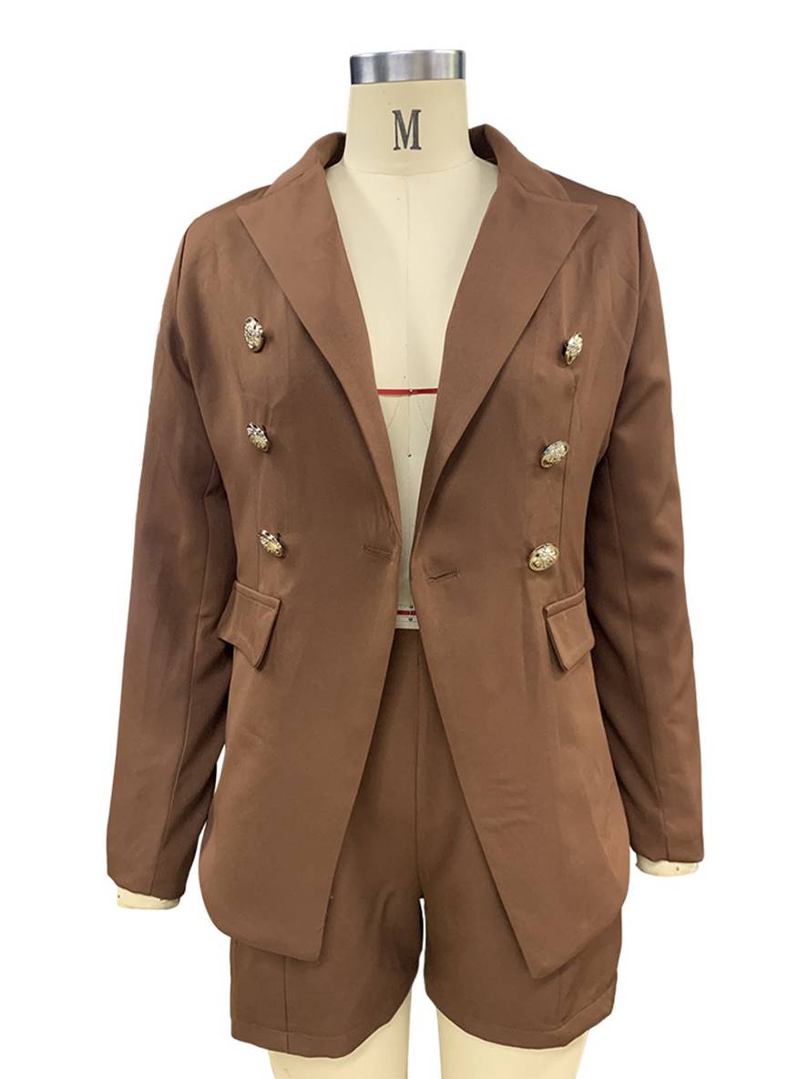 ensembles tailleur avec courte pantalon double boutonnage manches longues blazer femme décontracté deux pièces | KONF