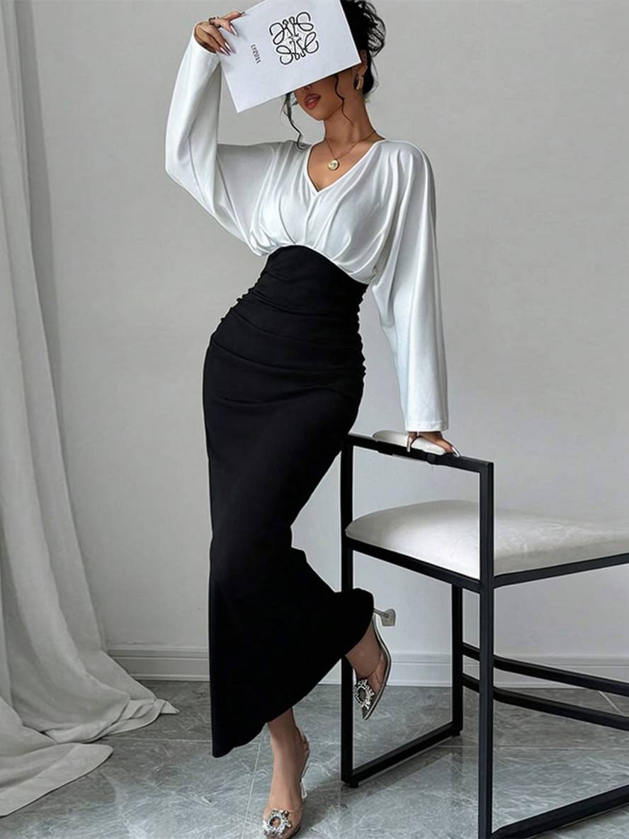 ensemble robe de bureau moulante v-cou manches longues chemise longue jupe femme style tailleur casual deux pièces | KONF