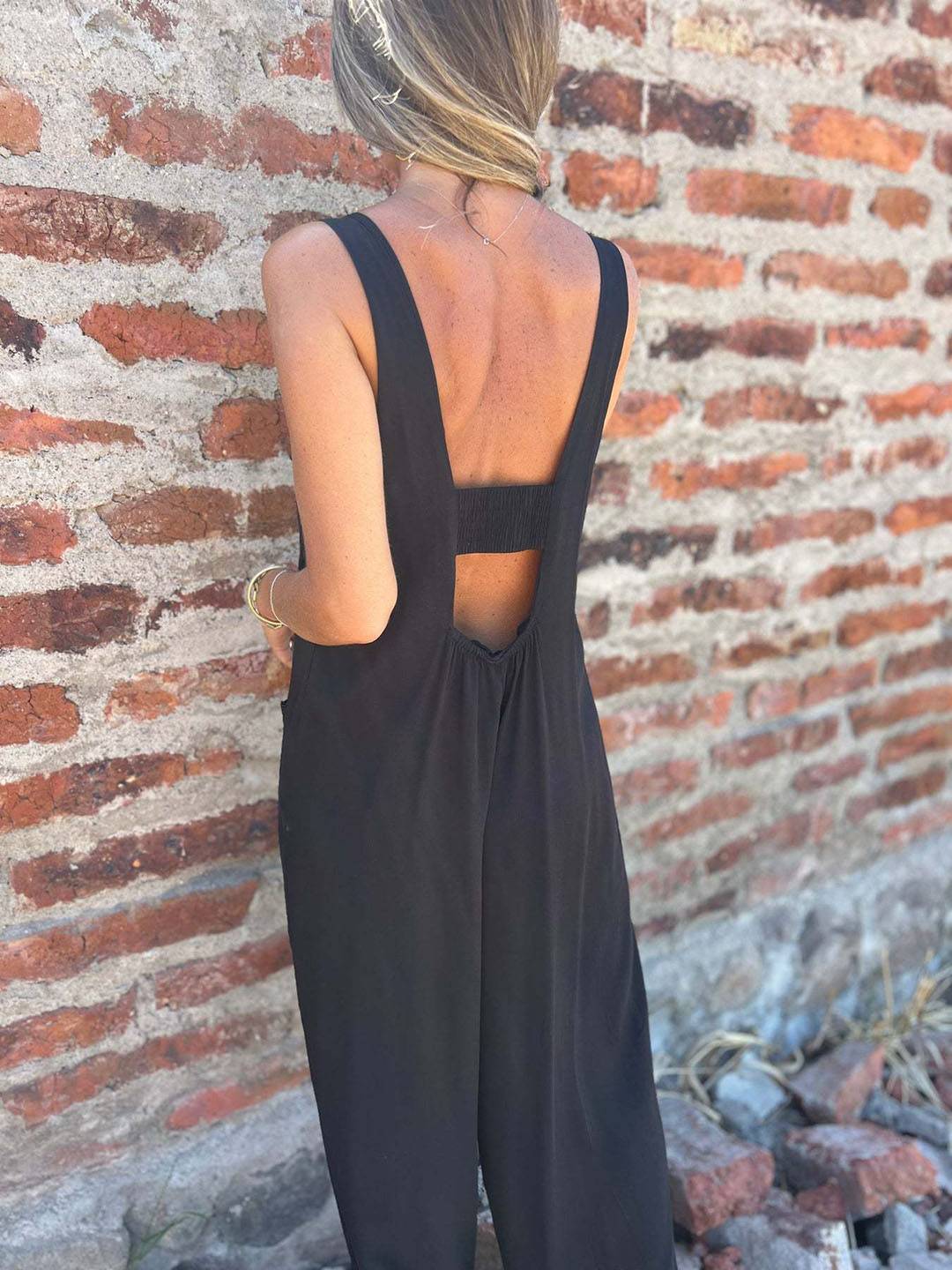 combinaisons boutonnage poches dos nu sans manches femme élégant décontracté casual | KONF