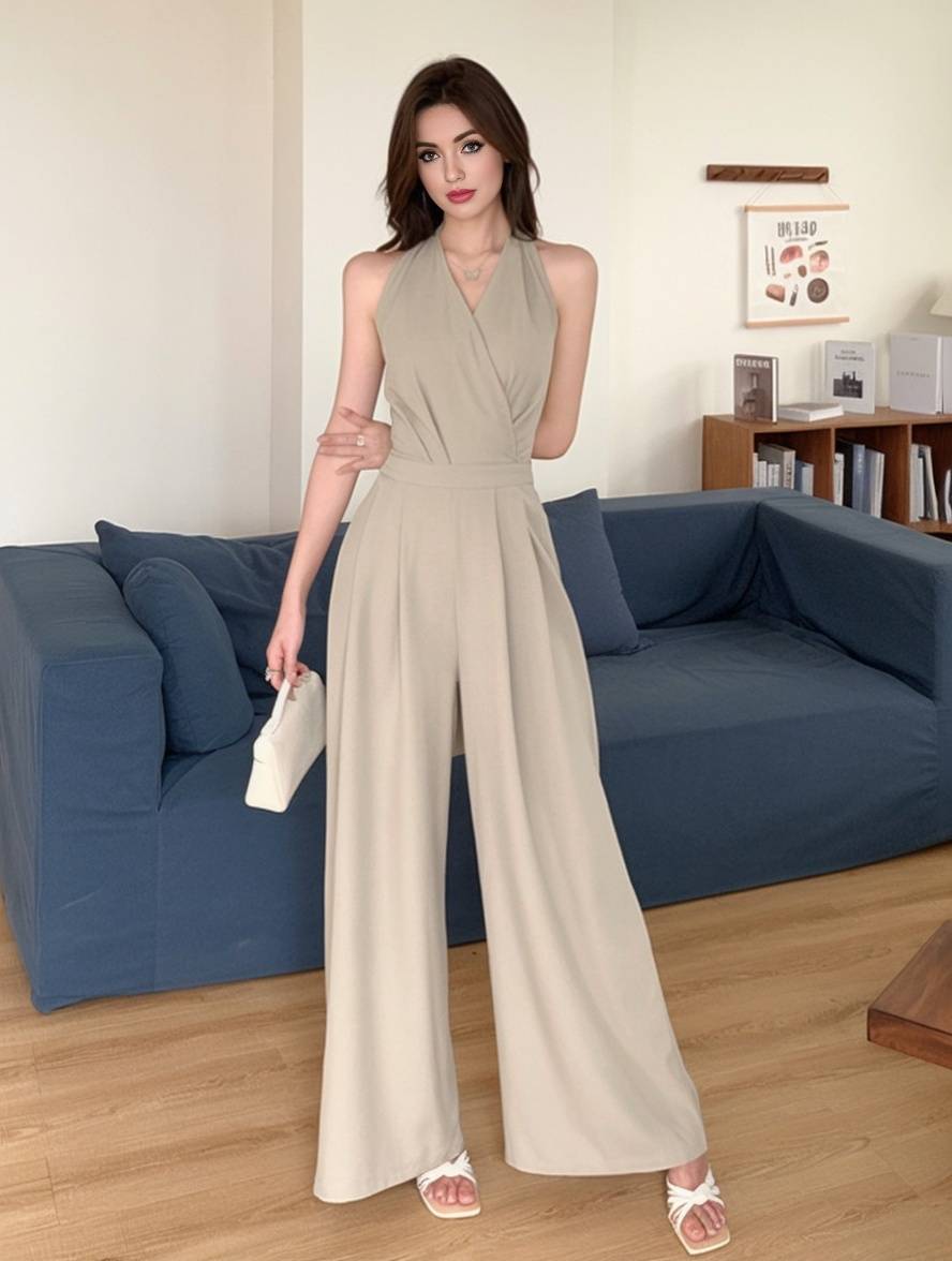 combinaisons larges jambes évasé unicolore dos nu v-cou sans manches femme casual élégant décontracté | KONF