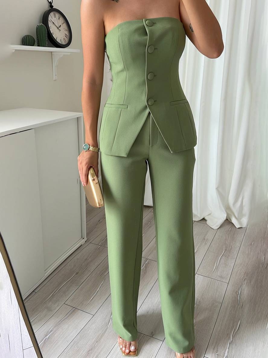 ensembles avec pantalon unicolore boutonnage bustier femme élégant style tailleur tenue mariage invité | KONF
