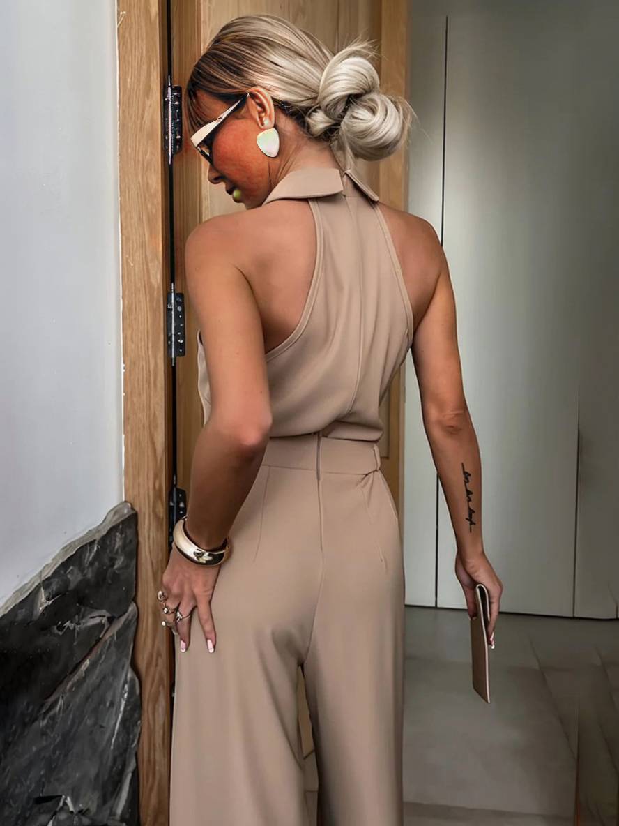 combinaisons larges jambes évasé col chemise découpes poches sans manches femme décontracté casual | KONF