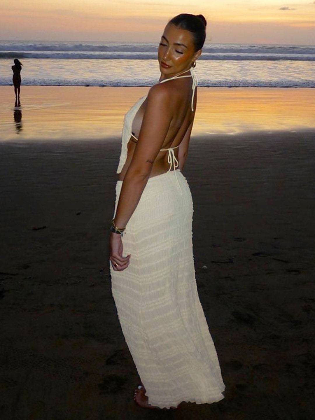 tenue ensemble avec longue jupe mousseline dos nu licou sans manches débardeur robe femme bohème décontracté deux pièces | KONF