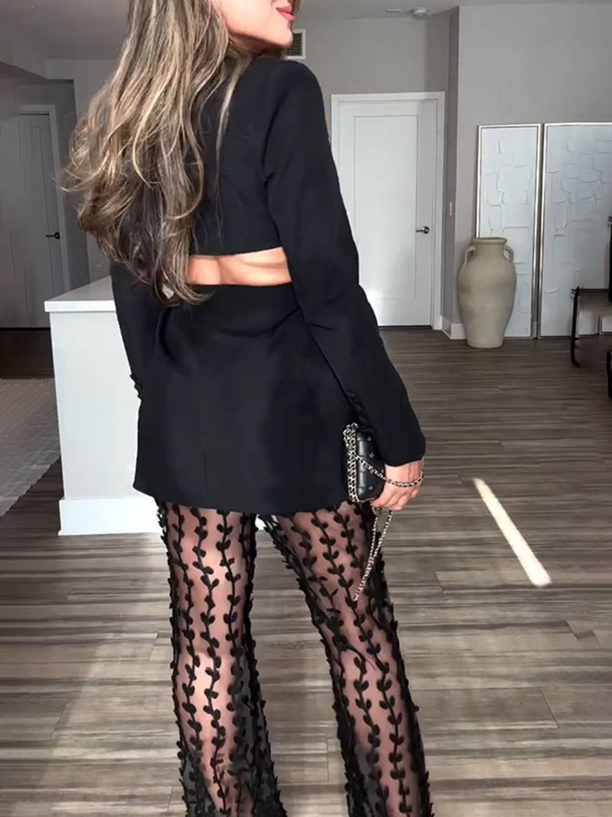 ensembles tailleur avec dentelle transparent pantalon boutonnage v-cou dos nu blazer femme style tailleur décontracté | KONF