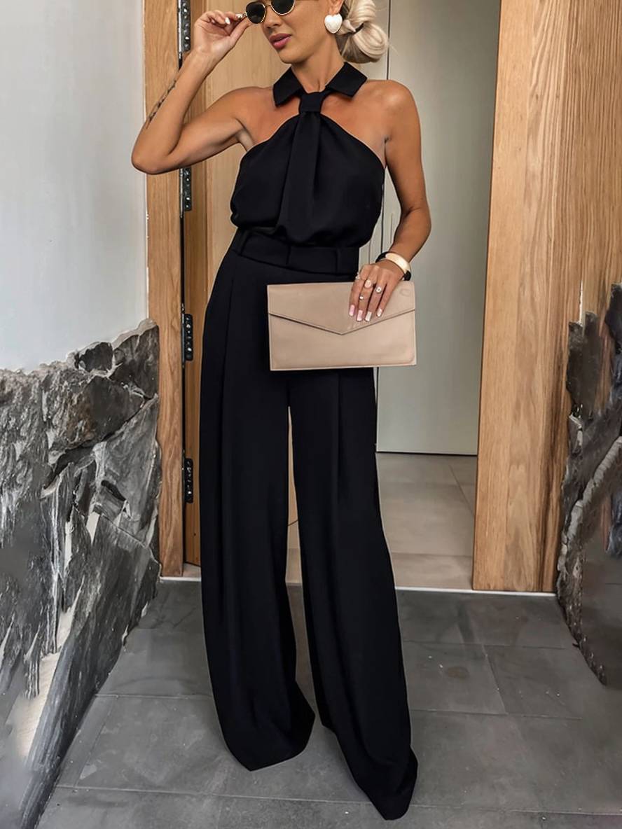 combinaisons larges jambes évasé col chemise découpes poches sans manches femme décontracté casual | KONF