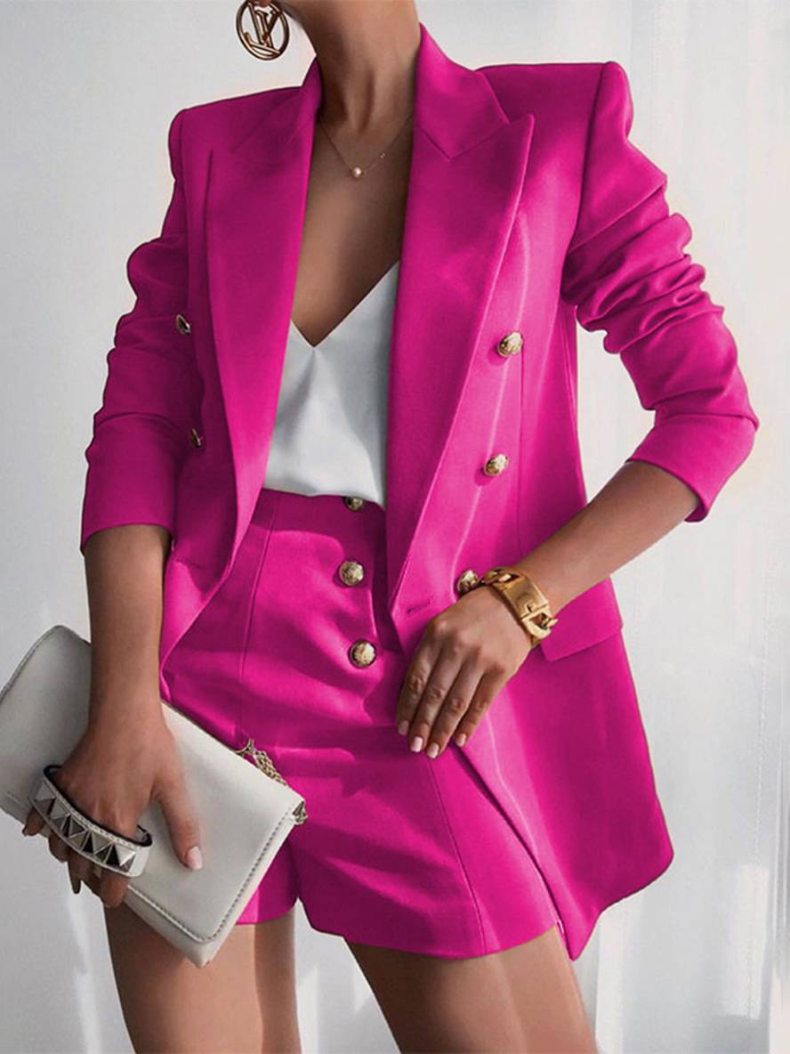 ensembles tailleur avec courte pantalon double boutonnage manches longues blazer femme décontracté deux pièces | KONF