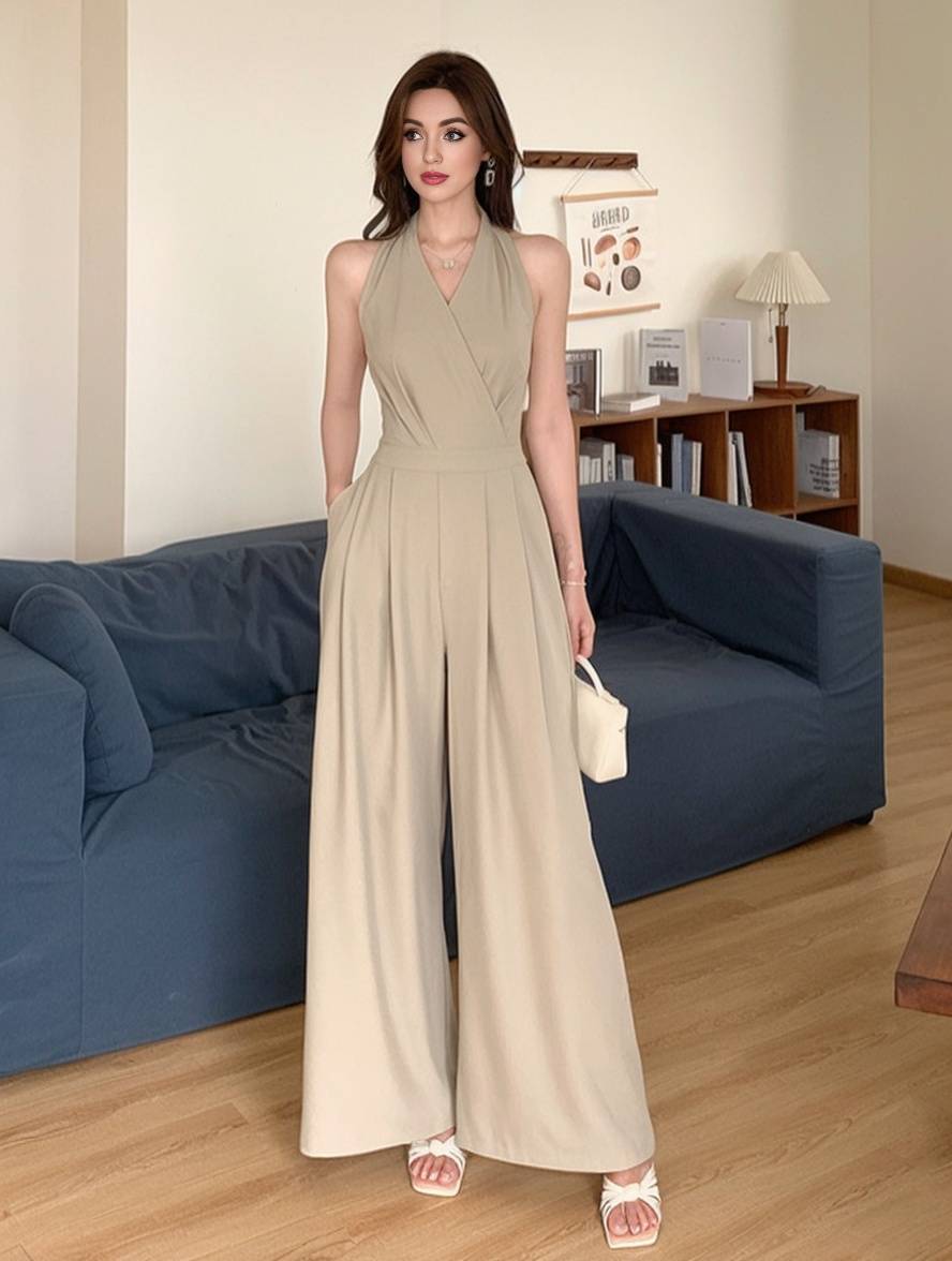 combinaisons larges jambes évasé unicolore dos nu v-cou sans manches femme casual élégant décontracté | KONF