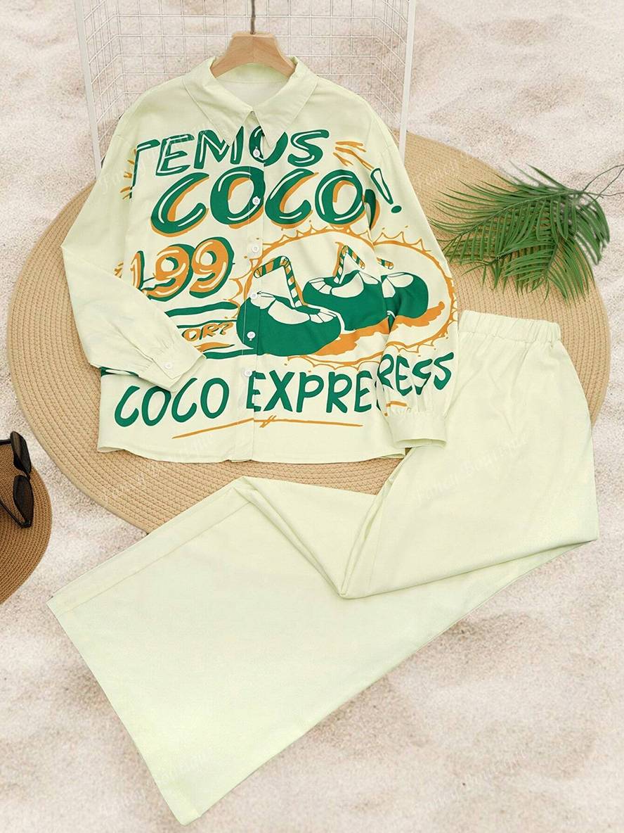 tenue ensembles avec pantalon lettres motif col chemise manches longues femme style boyfriend décontracté deux pièces | KONF