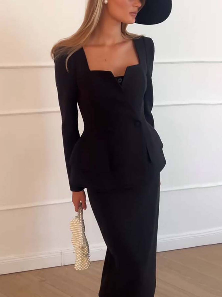 ensemble col carré boutons poches manches longues blazer avec jupe femme élégant décontracté deux pièces de bureau | KONF