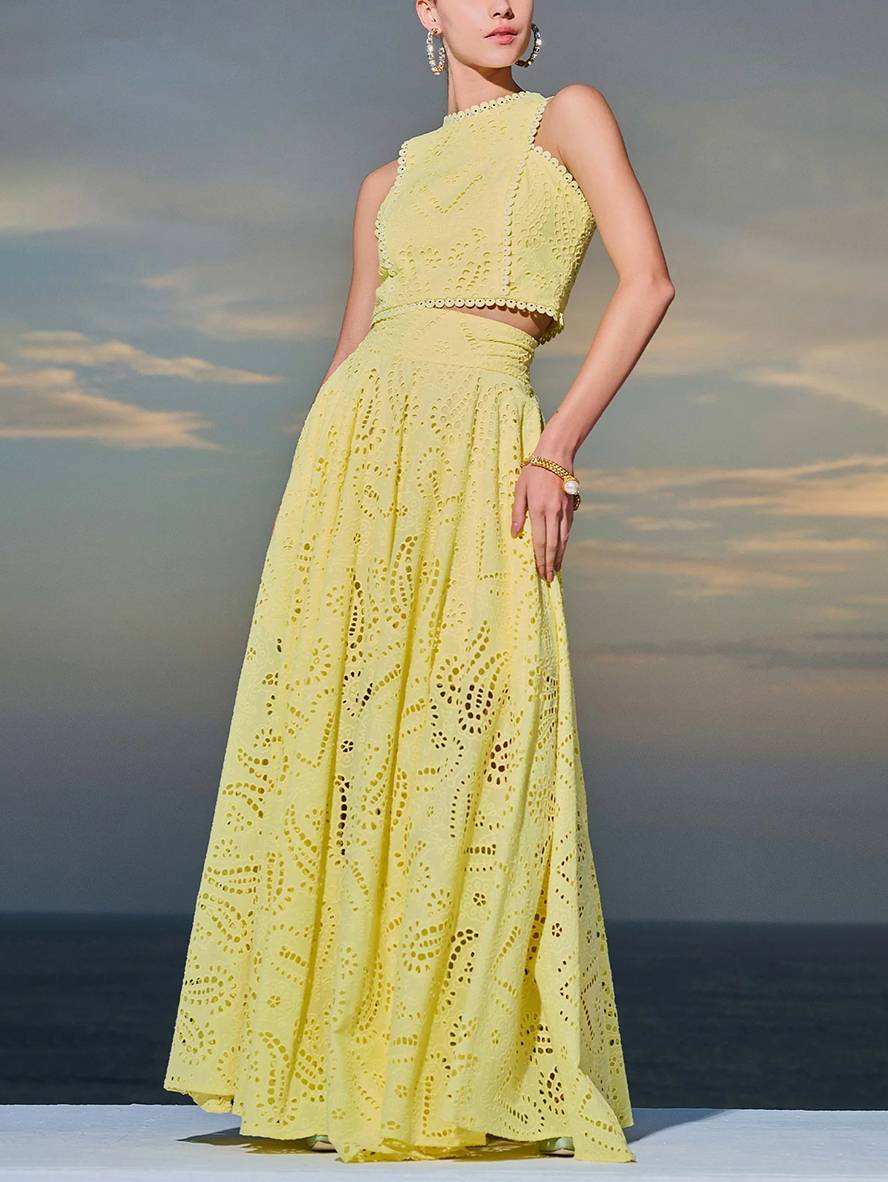 robe broderie anglaise poches sans manches hauts trapèze fluide jupe femme élégant décontracté ensemble | KONF