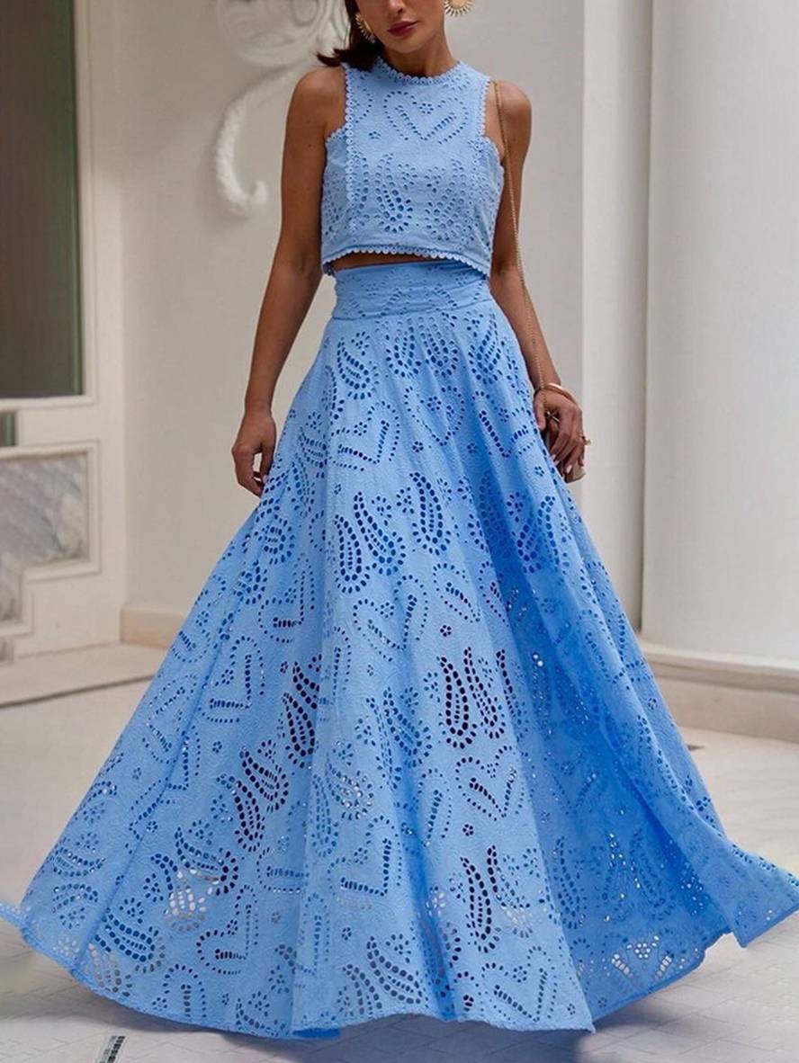 robe broderie anglaise poches sans manches hauts trapèze fluide jupe femme élégant décontracté ensemble | KONF