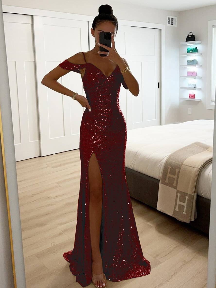 longue robe v-cou brillante paillette fendu le côté épaules fendues sans manches femme élégant de soirée cérémonie | KONF