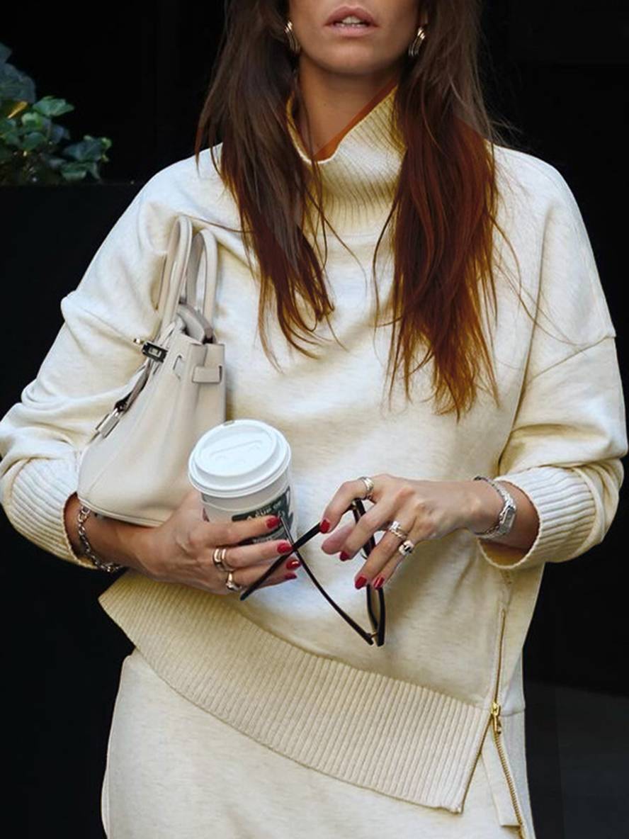 ensembles avec pantalon unicolore col roulé col montant manches longue femme élégant sport décontracté ample | KONF