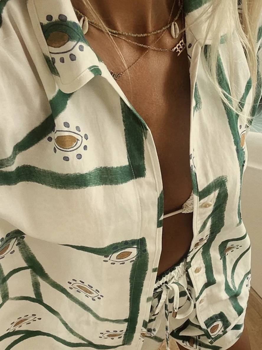 ensemble tenue imprimé à fleurie boutonnage col chemise manches courtes femme décontracté ample casual deux pièces | KONF