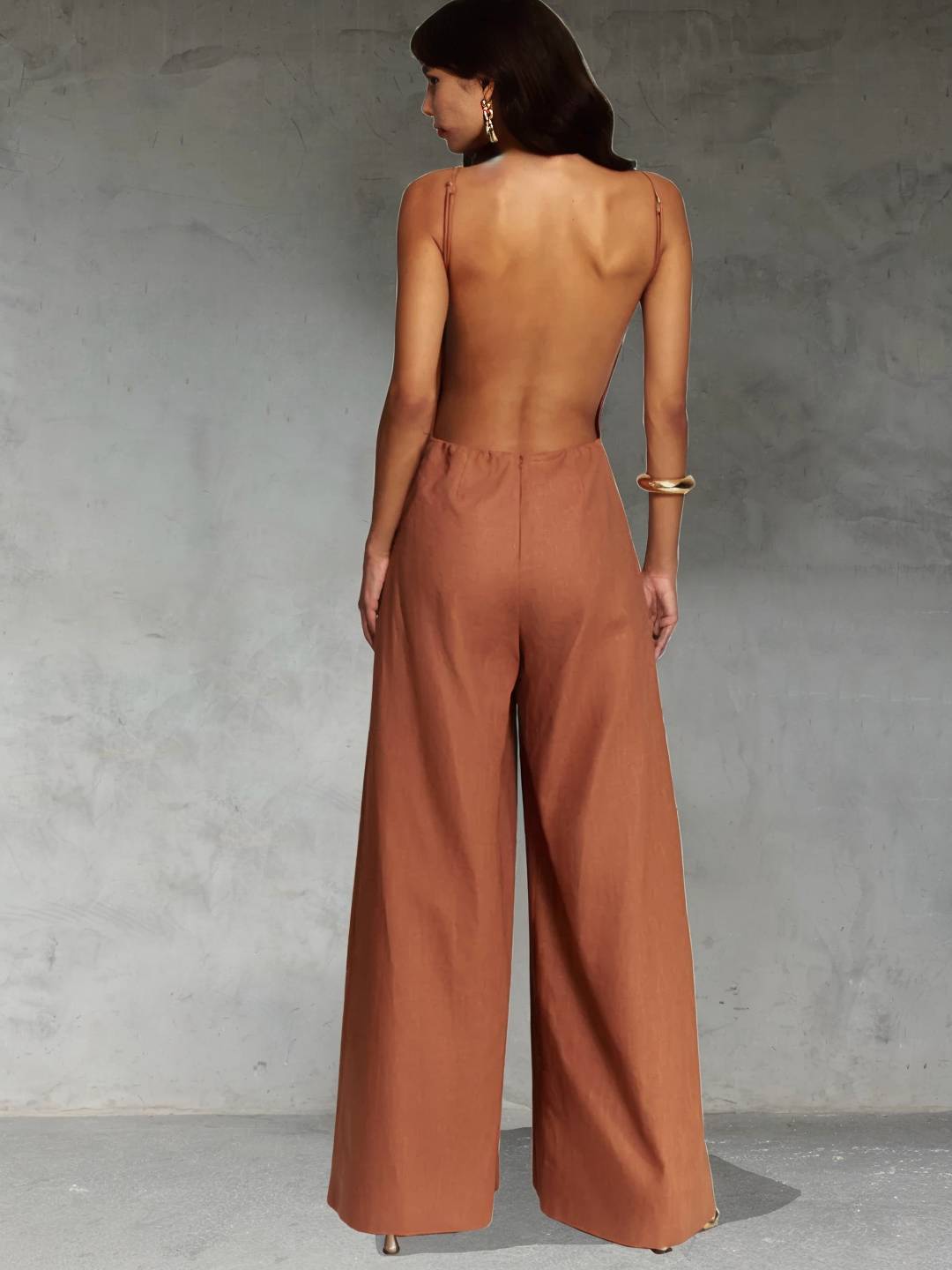 combinaisons larges jambes évasé lin dos nu à fines brides sans manches élégant décontracté style vacances pour femmes | KONF