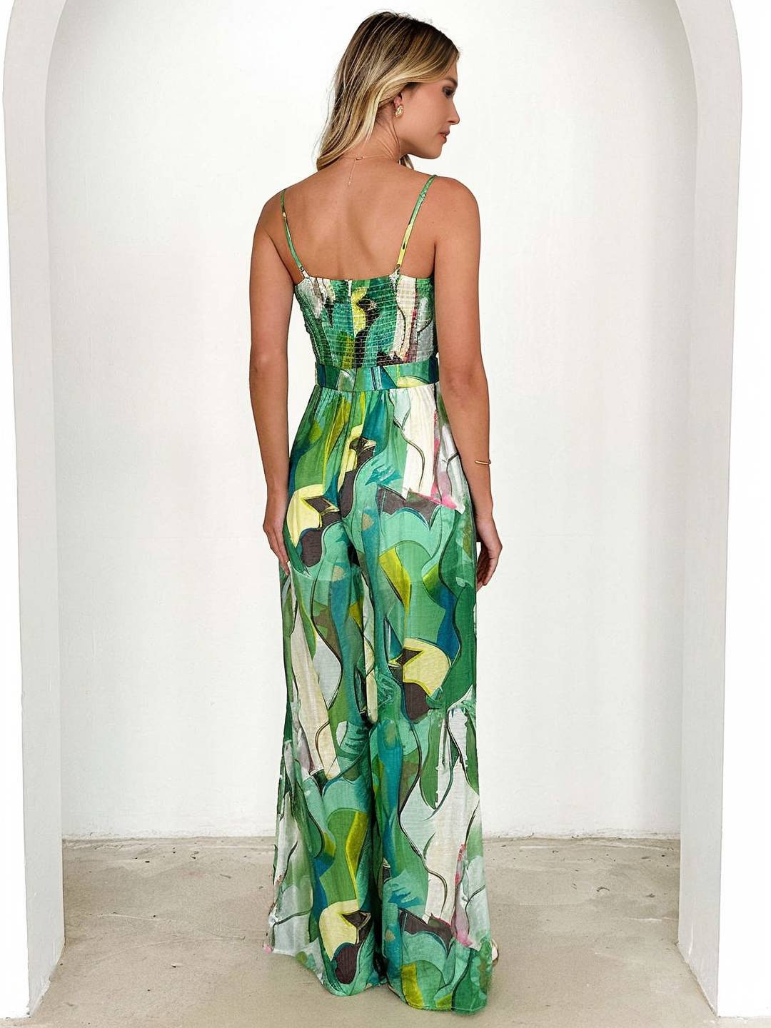 combinaisons larges jambes évasé imprimé à fleurie noeud papillon à fines brides sans manches femme casual décontracté | KONF