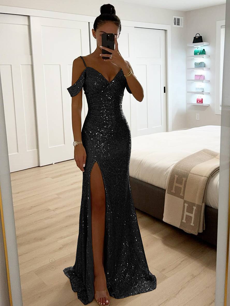 longue robe v-cou brillante paillette fendu le côté épaules fendues sans manches femme élégant de soirée cérémonie | KONF