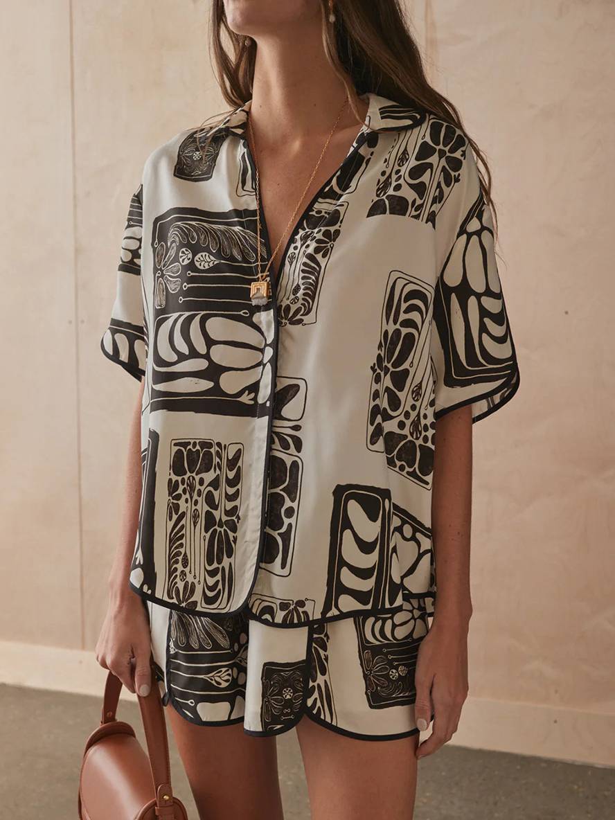 ensemble tenue imprimé à fleurie boutonnage col chemise manches courtes femme décontracté ample casual deux pièces | KONF