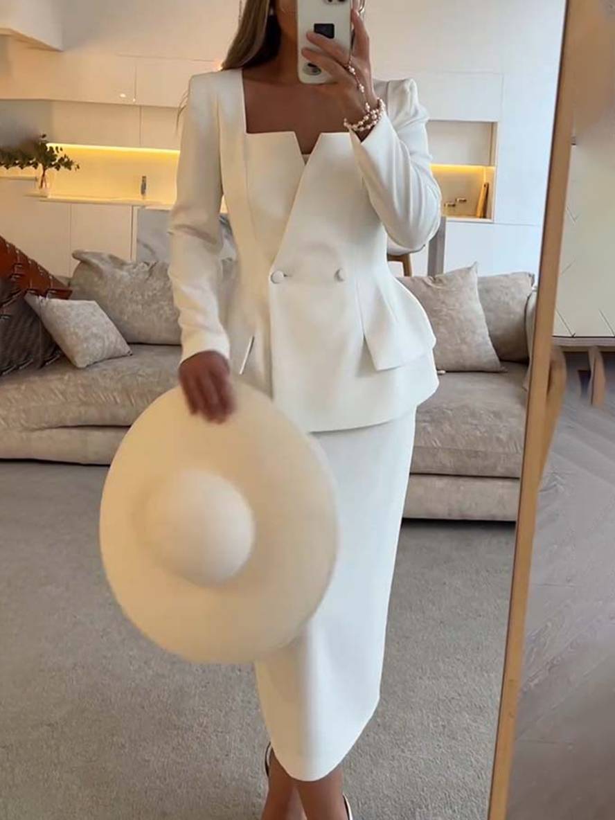 ensemble col carré boutons poches manches longues blazer avec jupe femme élégant décontracté deux pièces de bureau | KONF